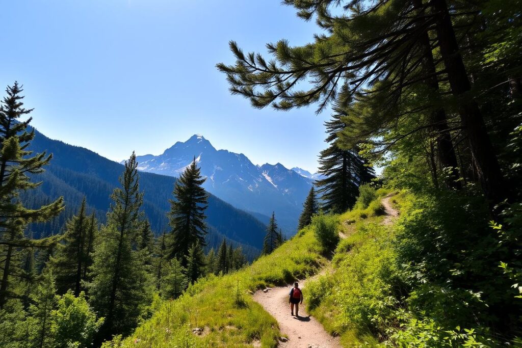 A serene mountain trail winding through lush, verdant forests. A lone hiker, backpack-clad, strides purposefully, their gaze fixed on the path ahead. Dappled sunlight filters through the canopy, casting a warm, therapeutic glow. Towering peaks rise in the distance, their snow-capped summits reaching towards the boundless azure sky. The air is crisp and invigorating, carrying the scent of pine and the promise of adventure. This scene evokes a sense of tranquility, rejuvenation, and the profound connection between physical activity and mental well-being.