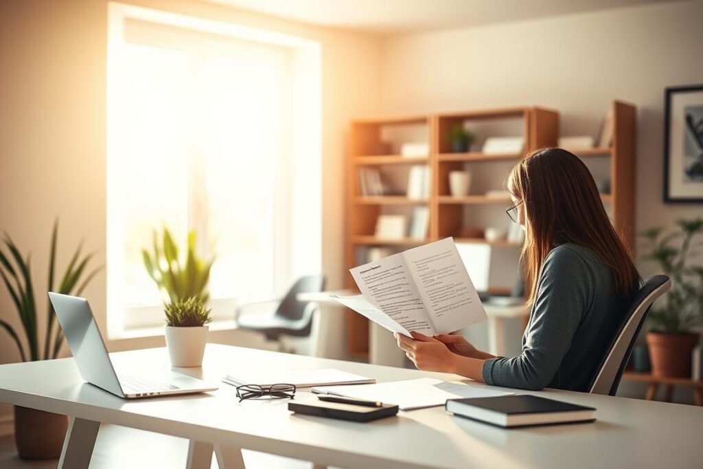 A serene office scene with a person intently studying feedback notes, surrounded by a well-lit workspace. Warm lighting filters through the large windows, casting a cozy glow. In the foreground, a person sits at a modern, minimalist desk, thoroughly reviewing handwritten comments and suggestions. The middle ground features an ergonomic chair, a potted plant, and a sleek laptop - all contributing to a harmonious, productivity-enhancing environment. The background showcases bookshelves, framed artwork, and a subtle, muted color palette, creating a calm, contemplative atmosphere ideal for constructive feedback absorption.