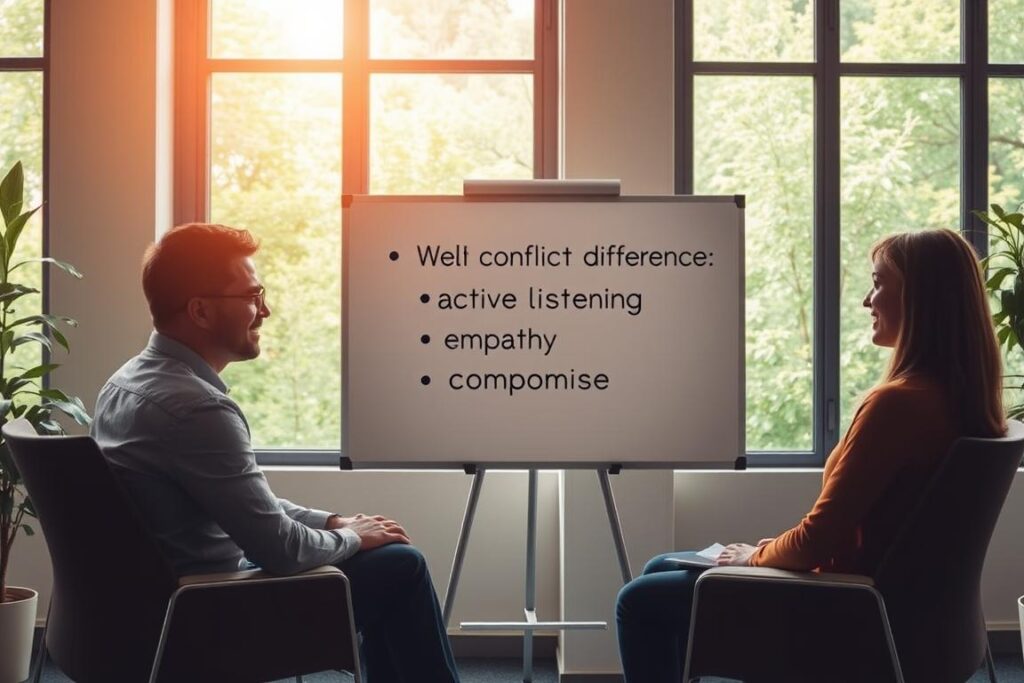 A serene office setting, bathed in warm, natural lighting. In the foreground, two people sit facing each other, engaged in animated discussion, their body language conveying openness and understanding. Midground, a whiteboard displays concise bullet points outlining conflict resolution techniques - active listening, empathy, compromise. The background depicts lush greenery visible through large windows, evoking a sense of calm and balance. The overall atmosphere is one of productive, respectful dialogue, guiding the viewer towards effective communication strategies for navigating differences.