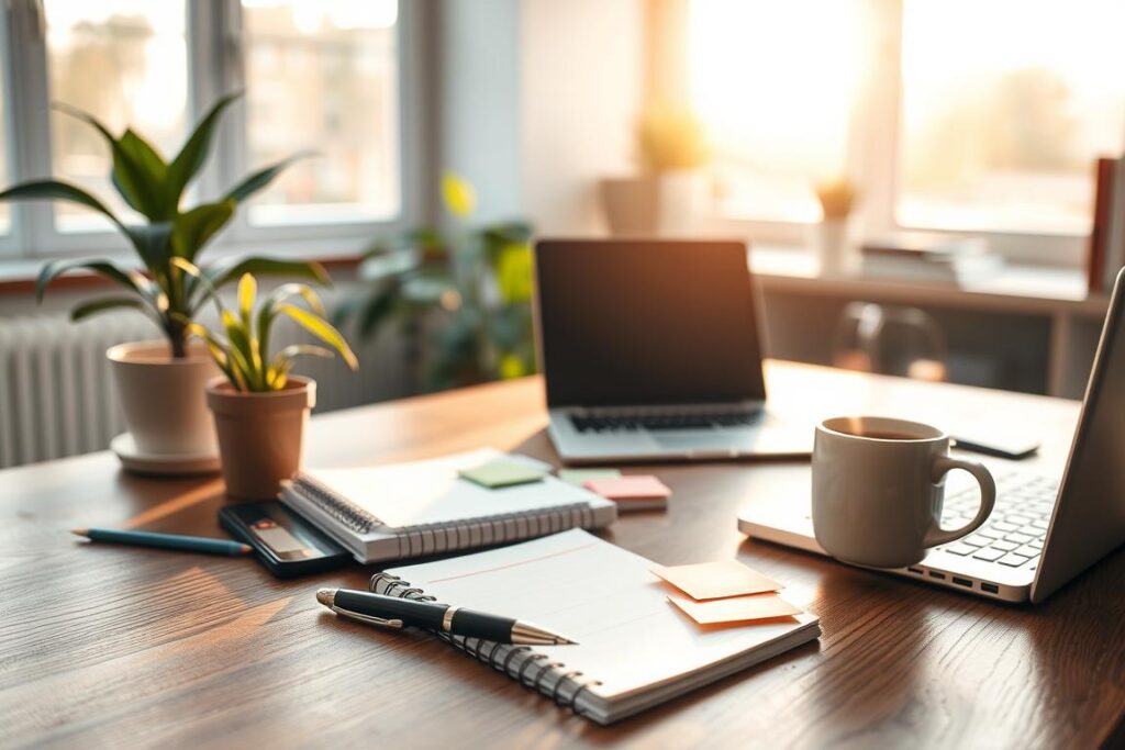 A serene office setting with a wooden desk, a potted plant, and a laptop computer. Soft, natural lighting streams in through large windows, illuminating a selection of goal-setting tools - a pen, a notebook, and sticky notes. On the desk, a neatly organized array of office supplies and a mug of steaming coffee, creating a productive and focused atmosphere. The background is blurred, gently hinting at the broader context of the workspace. The overall scene conveys a sense of intentionality, clarity, and a well-planned approach to achieving goals.