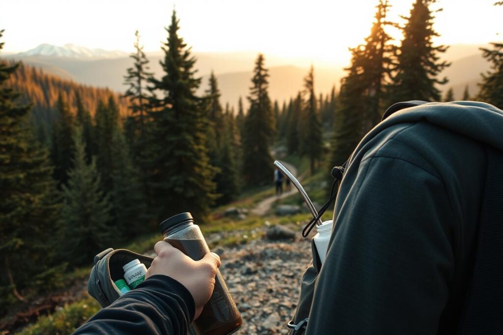 A serene outdoor scene depicting sustainable travel tips. In the foreground, a person packing a reusable water bottle, metal straw, and sustainable toiletries into a backpack. In the middle ground, a lush forest with towering evergreen trees and a winding hiking trail. In the background, a glimpse of snowcapped mountains under a warm, golden-hour sky. The overall atmosphere is one of mindfulness, adventure, and eco-friendly exploration. Lighting is soft and diffused, with a cinematic, documentary-style aesthetic. The camera angle is slightly elevated, offering a panoramic view of the sustainable travel scene.