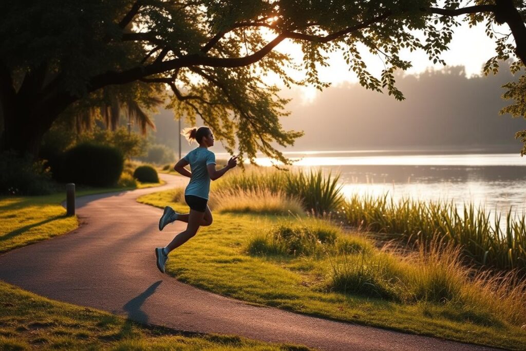 A serene outdoor scene of a person engaged in physical activity, situated against a backdrop of lush greenery and a tranquil lake. The individual, dressed in comfortable workout attire, is jogging along a winding path, their movements graceful and purposeful. Soft, warm lighting filters through the trees, casting a gentle glow on the scene. The atmosphere is one of peace and rejuvenation, encouraging a sense of mindfulness and connection with nature - ideal for managing the symptoms of seasonal affective disorder.