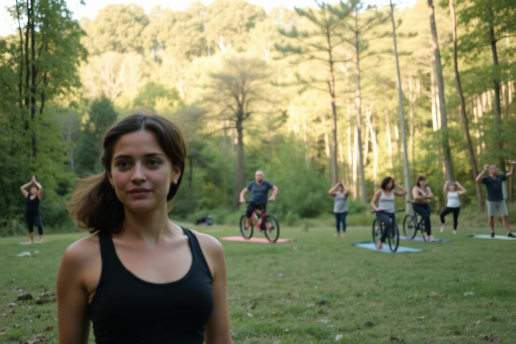 A serene outdoor scene, with a person in the foreground engaged in various physical activities for wellbeing. In the middle ground, a group of people practicing yoga, cycling, and hiking. In the background, a lush forest with warm, natural lighting, creating a calming and rejuvenating atmosphere. The scene conveys a sense of balance, mindfulness, and the importance of physical hobbies for overall wellness and personal growth.