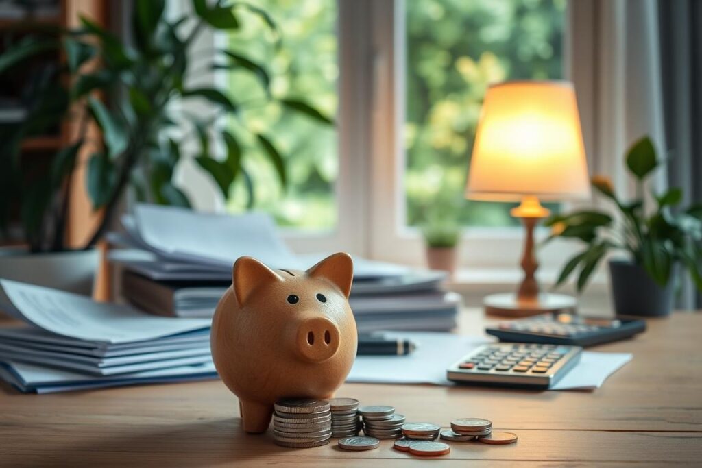 A serene scene of a personal finance sanctuary. In the foreground, a wooden piggy bank stands guard over a tidy stack of coins and bills. The middle ground features a collection of financial documents, a calculator, and a warm-hued lamp casting a comforting glow. In the background, lush greenery frames a window, suggesting the tranquility and security of a well-managed financial future. Soft, diffused lighting bathes the scene, creating an atmosphere of thoughtful contemplation. A sense of order and control pervades the image, inviting the viewer to consider their own saving strategies and wealth-building techniques.