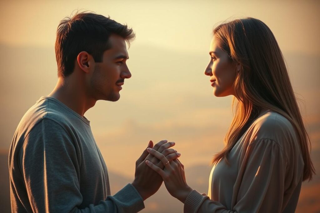 A serene scene of two individuals, their faces softly illuminated, gazing upon each other with empathetic understanding. The foreground depicts their clasped hands, a gesture of connection and care. The middle ground shows their upper bodies, their expressions conveying a sense of deep listening and compassion. The background is a hazy, dreamlike landscape, bathed in warm, golden light, creating an atmosphere of tranquility and emotional intimacy. The overall composition evokes a profound sense of human connection, where differences are bridged, and a profound sense of mutual understanding is cultivated.