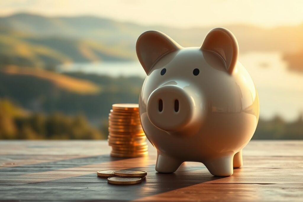 A serene, stately scene depicting the essential components of a retirement account. In the foreground, a meticulously-crafted 3D model of a piggy bank, its ceramic surface gleaming under warm, natural lighting. In the middle ground, a stack of gold coins and paper currency, capturing the financial growth and security of a well-managed retirement portfolio. In the background, a softly-blurred landscape of rolling hills and a tranquil lake, symbolizing the peaceful, worry-free lifestyle that a robust retirement account can provide. The overall atmosphere is one of financial stability, diligence, and the promise of a comfortable future.