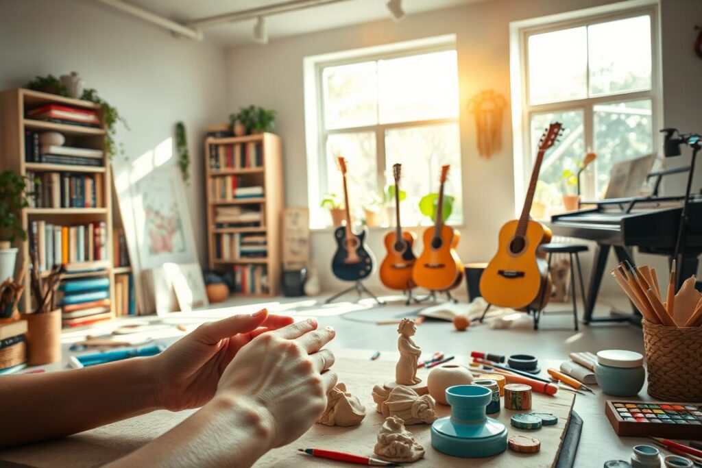A serene studio space bursting with creativity. In the foreground, an artist's hands gently sculpt clay, shaping a delicate figurine. Nearby, vibrant paints and brushes await, ready to bring a canvas to life. The middle ground showcases a well-stocked bookshelf, filled with tomes on artistic techniques and self-expression. Soft, natural light filters in through large windows, casting a warm glow over the entire scene. In the background, a collection of musical instruments - a guitar, a piano, and a set of drums - stand as symbols of the many avenues for self-exploration and personal growth. The overall atmosphere radiates a sense of tranquility and inspiration, inviting the viewer to immerse themselves in the joyful pursuit of creative hobbies.