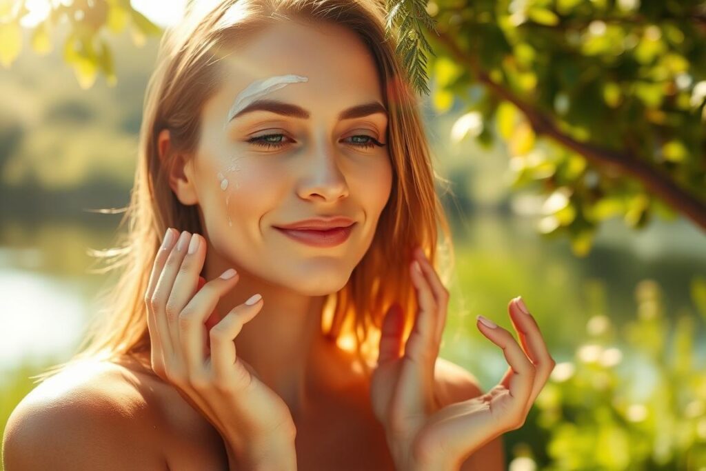 A serene summer landscape, with a woman gently applying a nourishing moisturizer to her radiant, sun-kissed skin. The scene is bathed in warm, golden light, casting a soft, ethereal glow. In the background, lush greenery and a tranquil body of water create a soothing, nature-inspired setting. The woman's expression is one of calm, as she embraces the benefits of seasonal skincare, her routine reflecting a harmonious balance between self-care and the natural world. The image conveys a sense of rejuvenation and the effortless beauty that comes from embracing the season's gentle caress.