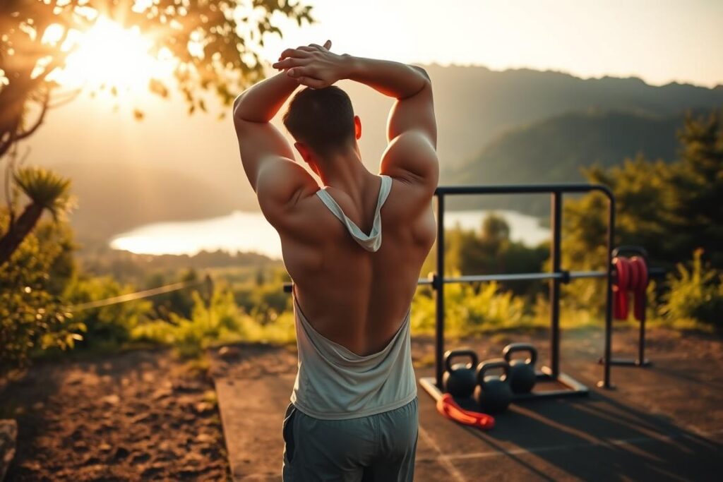 A serene summer morning, the sun's golden rays filtering through lush foliage. In the foreground, a determined individual performs dynamic stretches, muscles rippling with each movement. Midsection, a well-equipped outdoor gym setup, kettlebells and resistance bands beckoning. In the background, a scenic vista of rolling hills and a tranquil lake, inviting for a refreshing post-workout dip. The scene exudes an atmosphere of rejuvenation and vitality, capturing the essence of a perfectly crafted summer workout routine.
