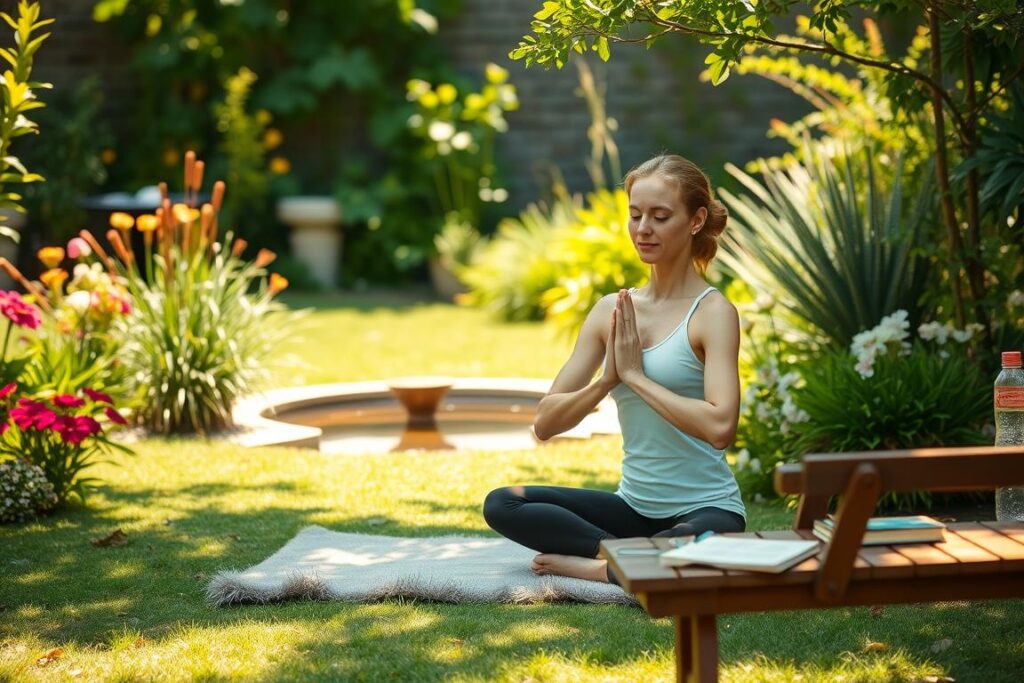 A serene, sun-dappled garden scene with a person practicing yoga on a plush mat, surrounded by lush greenery and vibrant flowers. Soft, diffused lighting casts a warm, calming glow, highlighting the person's peaceful expression as they flow through gentle poses. In the background, a small water feature reflects the tranquil atmosphere, inviting the viewer to pause and find inner balance. Nearby, a simple wooden bench holds a water bottle and a book on mindfulness, suggesting a holistic approach to stress management through healthy lifestyle choices.