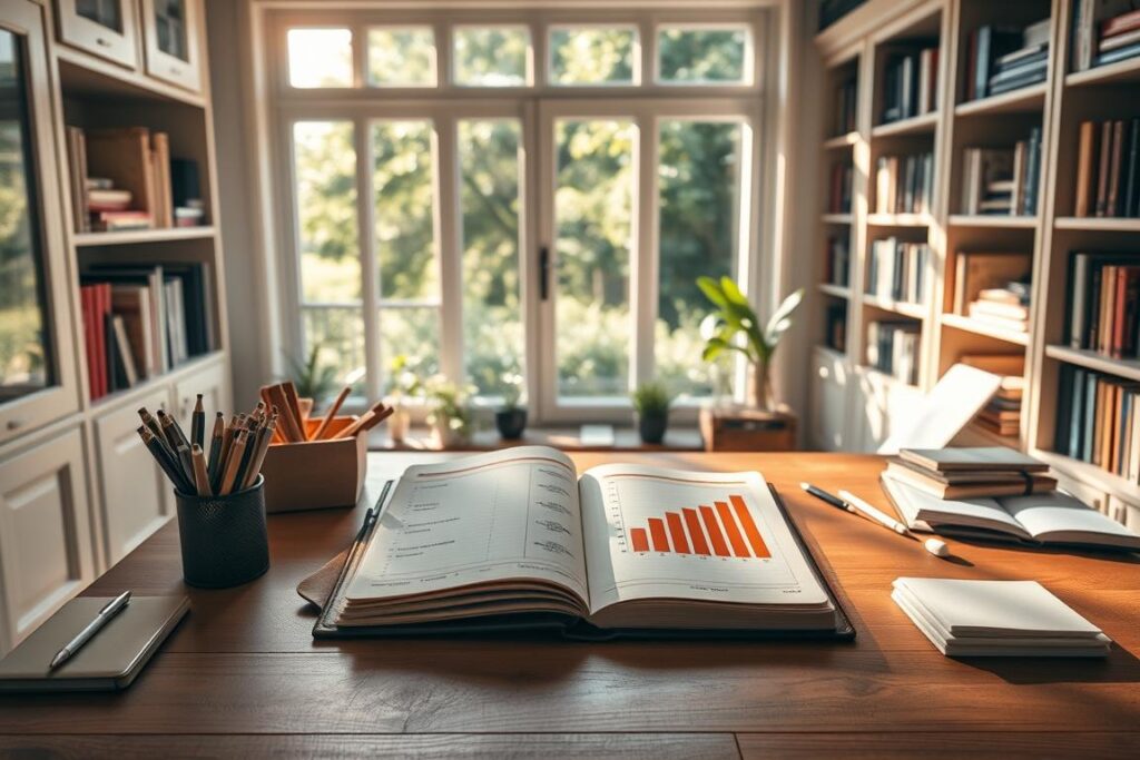 A serene, sun-dappled home office with a large wooden desk and an array of stationery supplies. On the desk, a leather-bound journal lies open, showcasing a neatly organized progress chart that tracks personal growth over time. Bookshelves line the walls, exuding a sense of intellectual curiosity. The lighting is soft and warm, creating a contemplative and introspective atmosphere. Through the window, a lush, verdant garden is visible, symbolizing the flourishing of self-discovery. The overall scene evokes a tranquil, meditative space where personal progress and mindful exploration can thrive.