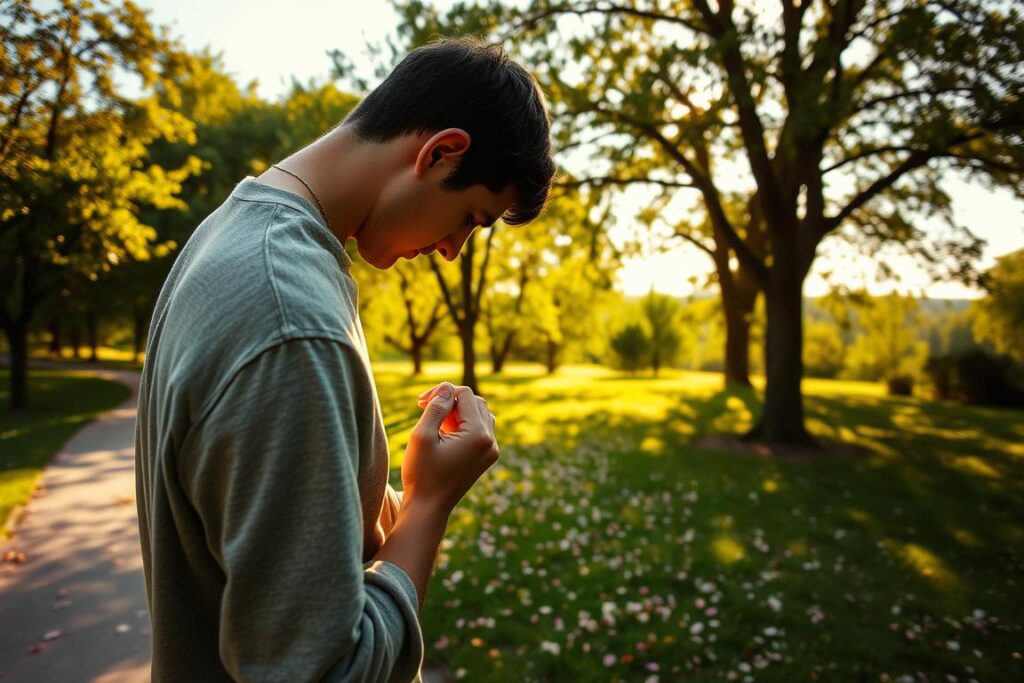 A serene, sun-dappled park, lush with verdant trees and a winding path. In the foreground, a pensive figure, head bowed, carefully removing a ring from their finger, letting it slip from their grasp and tumble to the ground. Their body language conveys a sense of finality, a closing of a chapter. The middle ground is filled with scattered petals, a symbolic release, as the figure turns to face the horizon, gaze fixed on the distant sky. Warm, diffused lighting casts a hopeful glow, hinting at a new beginning. The overall atmosphere is one of quiet contemplation, a tranquil moment of letting go and moving forward.
