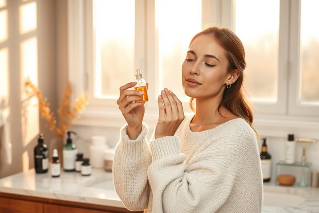 A serene, well-lit bathroom with warm, natural lighting filtering through large windows. On a marble vanity, an array of neatly arranged skincare products - cleansers, serums, moisturizers, and tools like jade rollers and gua sha stones. A young woman, wearing a soft, oversized sweater, stands in the foreground, gently massaging a face oil into her glowing, youthful skin. Her expression is focused and peaceful, reflecting the tranquil, self-care atmosphere. The scene conveys a sense of mindfulness and attention to one's skin health as part of a daily morning routine.