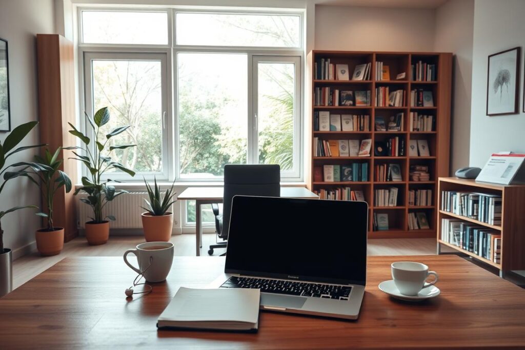 A serene, well-lit office space with a modern, minimalist design. In the foreground, a wooden desk holds a laptop, notepad, and a cup of tea, conveying a sense of calm and focus. The middle ground features bookcases filled with mental health resources, such as self-help books and brochures. The background showcases large windows overlooking a lush, tranquil garden, allowing natural light to flood the room and creating a soothing, therapeutic atmosphere. The overall scene exudes a sense of professionalism, comfort, and accessibility, inviting the viewer to explore the mental health resources available.