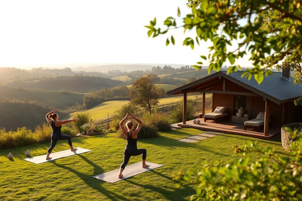 A serene wellness retreat nestled in a lush, verdant countryside. The foreground features a tranquil outdoor yoga studio, with practitioners in peaceful poses, bathed in the soft, warm glow of the morning sun. The middle ground showcases a cozy, rustic-chic spa, inviting guests to indulge in holistic treatments. In the background, rolling hills and a distant tree-lined horizon evoke a sense of calm and rejuvenation. The scene exudes a natural, earthy ambiance, encouraging mindfulness and a renewed connection with the self and the natural world.