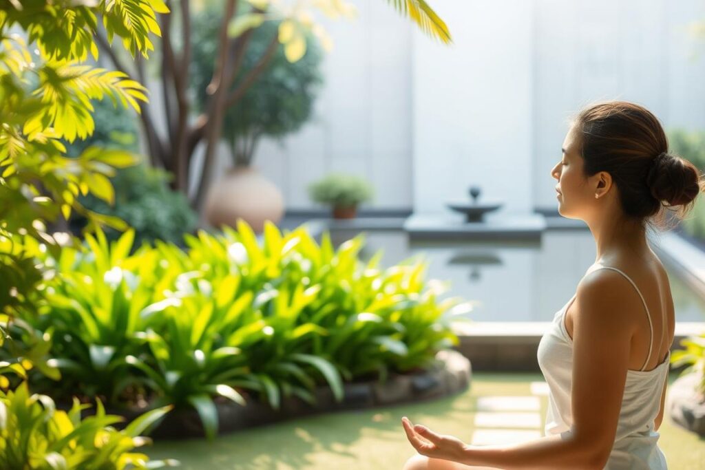 A serene, zen-like garden setting with a person practicing mindful meditation in the foreground. Soft, diffused natural lighting filters through lush, verdant foliage in the middle ground. In the background, a tranquil water feature reflects the scene, creating a calming, meditative ambiance. The person's posture is poised and relaxed, their eyes closed as they concentrate on their breathing. The overall atmosphere evokes a sense of inner peace and stress relief.