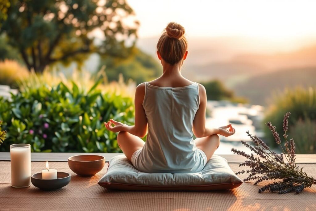 A serene, zen-like scene depicting various stress management techniques. In the foreground, a person sits cross-legged on a meditation cushion, their eyes closed in deep concentration. Surrounding them are symbols of mindfulness and relaxation - a flickering candle, a bowl of incense, and a sprig of lavender. In the middle ground, a tranquil garden with lush foliage and a gently flowing stream. The background features a soft, blurred landscape with rolling hills and a warm, golden sunset. Diffused natural lighting casts a calming glow over the entire scene. The overall atmosphere is one of peace, balance, and harmony.
