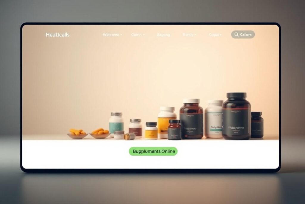 A sleek and minimalist online storefront, showcasing an array of high-quality nutritional supplements. The foreground features a clean, modern interface with a prominent "Buy Supplements Online" call-to-action button, inviting the viewer to explore the offerings. The middle ground showcases a selection of supplement bottles and jars, neatly arranged and displayed against a soft, neutral background. The background subtly hints at a healthcare-inspired ambiance, with muted tones and a sense of professionalism. The lighting is warm and diffused, creating a welcoming and trustworthy atmosphere. The overall composition conveys a sense of quality, reliability, and the opportunity to enhance one's health through thoughtfully curated nutritional supplements.