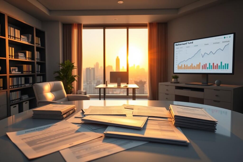 A sleek and modern office setting with a large desk in the foreground, showcasing various retirement account documents and statements. In the middle ground, a bookshelf filled with financial planning books and a computer monitor displaying retirement fund performance charts. The background features a window overlooking a serene city skyline, bathed in warm, golden-hour lighting. The overall atmosphere conveys a sense of financial security, organization, and thoughtful retirement planning.