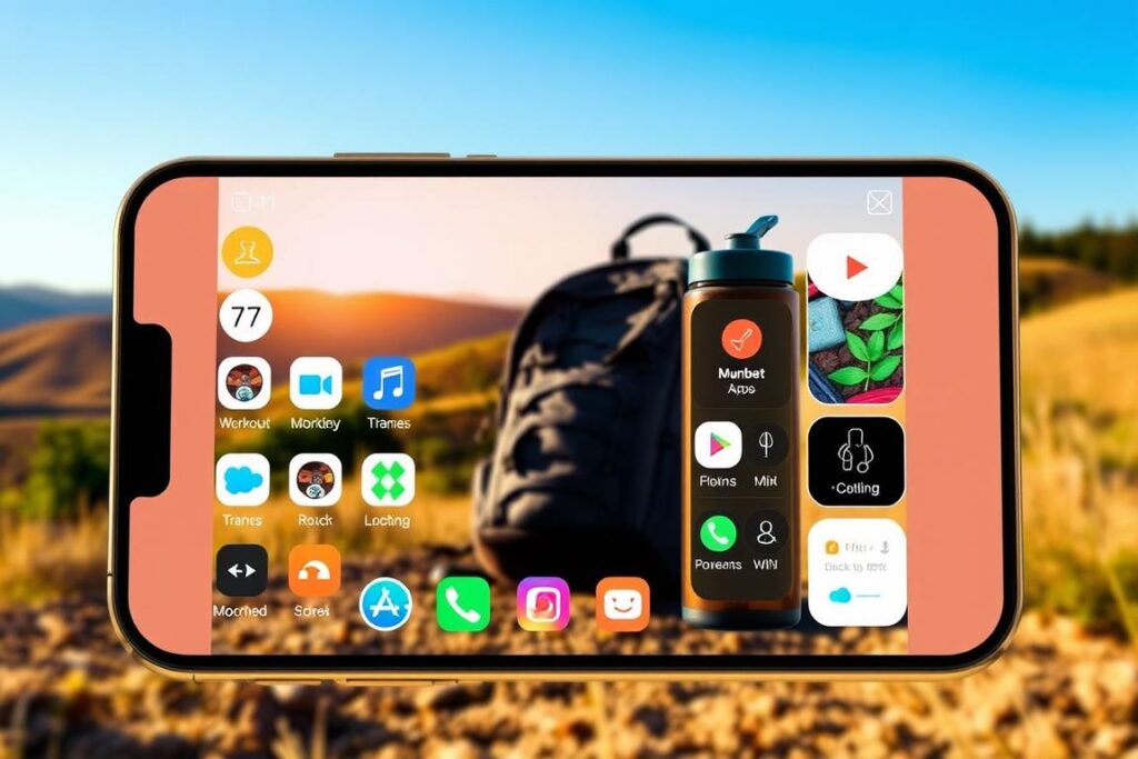 A sleek and modern smartphone screen showcases a variety of fitness apps for travelers, ranging from workout routines to activity trackers. The screen is illuminated by warm, natural lighting, casting a soft glow on the vibrant icons and intuitive user interfaces. In the middle ground, a backpack and water bottle hint at the adventurous spirit of the user, while in the background, a serene landscape of rolling hills and a clear blue sky evoke a sense of freedom and exploration. The overall scene conveys a harmonious blend of technology and the great outdoors, inspiring the viewer to stay active and healthy during their summer vacation.