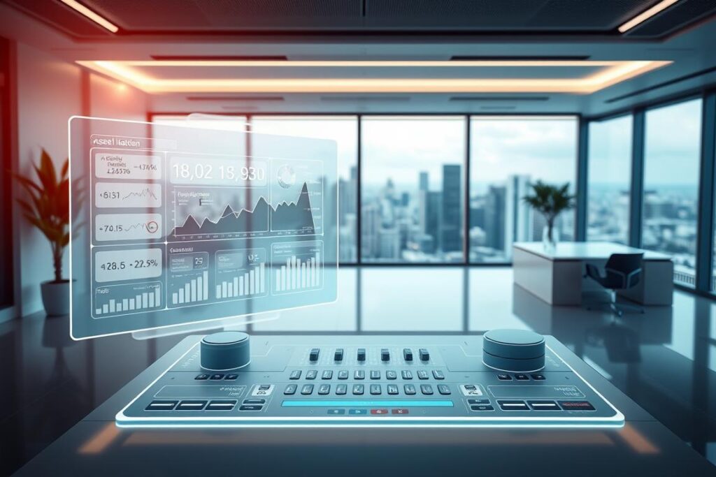 A sleek and modern technology interface depicting the asset allocation process. In the foreground, a 3D holographic display showcases interactive investment portfolios, charts, and allocation visualizations. The middle ground features a high-tech control panel with sliders, dials, and touch screens, allowing the user to dynamically adjust their asset mix. The background is a minimalist workspace with clean lines, soft lighting, and a panoramic window overlooking a futuristic cityscape. The overall atmosphere is one of precision, control, and financial empowerment, reflecting the power of technology to optimize asset allocation strategies.