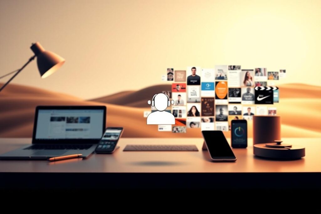 A sleek, minimalist digital workspace with a laptop, smartphone, and various digital devices arranged artfully. In the foreground, a stylized personal branding icon or emblem hovers, reflecting the user's unique identity. The middle ground features a collage of online profiles, portfolios, and social media tiles, demonstrating the strategic curation of a robust digital presence. The background is a soft, gradient-based landscape, creating a sense of depth and emphasizing the digital realm. Warm, directed lighting illuminates the scene, highlighting the key elements and conveying a sense of professionalism and intentionality. The overall composition evokes a cohesive, visually compelling representation of online personal branding strategies.