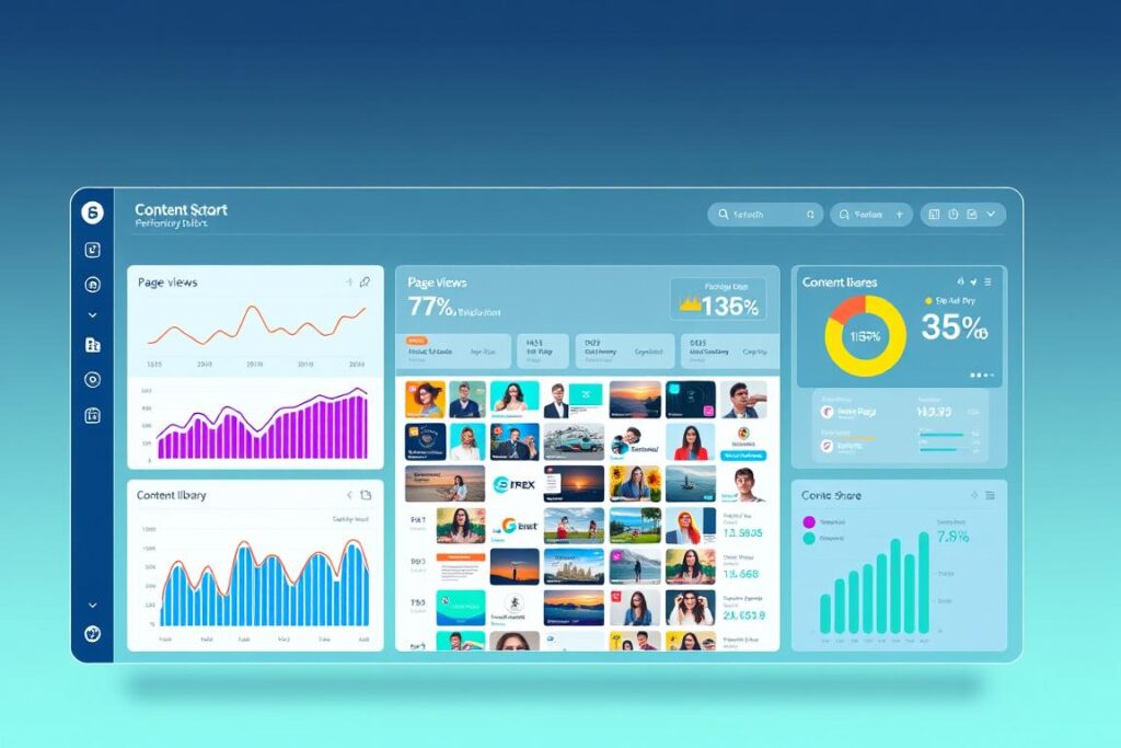 A sleek, modern dashboard displaying an array of content performance metrics. The interface features clean lines, vibrant colors, and intuitive data visualizations. In the foreground, line graphs, pie charts, and numerical values showcase key metrics like page views, engagement rates, and content shares. The middle ground showcases a grid of thumbnails representing the content library, allowing for quick navigation and evaluation. The background is a subtle gradient, evoking a sense of technology and innovation. Crisp lighting from multiple angles highlights the dashboard's depth and dimensionality, creating a visually captivating and informative composition.