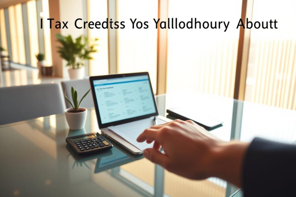 A sleek, modern office with floor-to-ceiling windows bathed in warm, golden sunlight. On a polished glass desk, a stack of tax forms and calculator sit alongside a laptop displaying various tax credits. A potted plant and minimalist desk accessories accent the scene. In the foreground, a hand hovers over the laptop, ready to explore the money-saving opportunities of tax credits. The background blurs softly, drawing the viewer's focus to the central elements that encapsulate the concept of "Tax Credits You Should Know About".