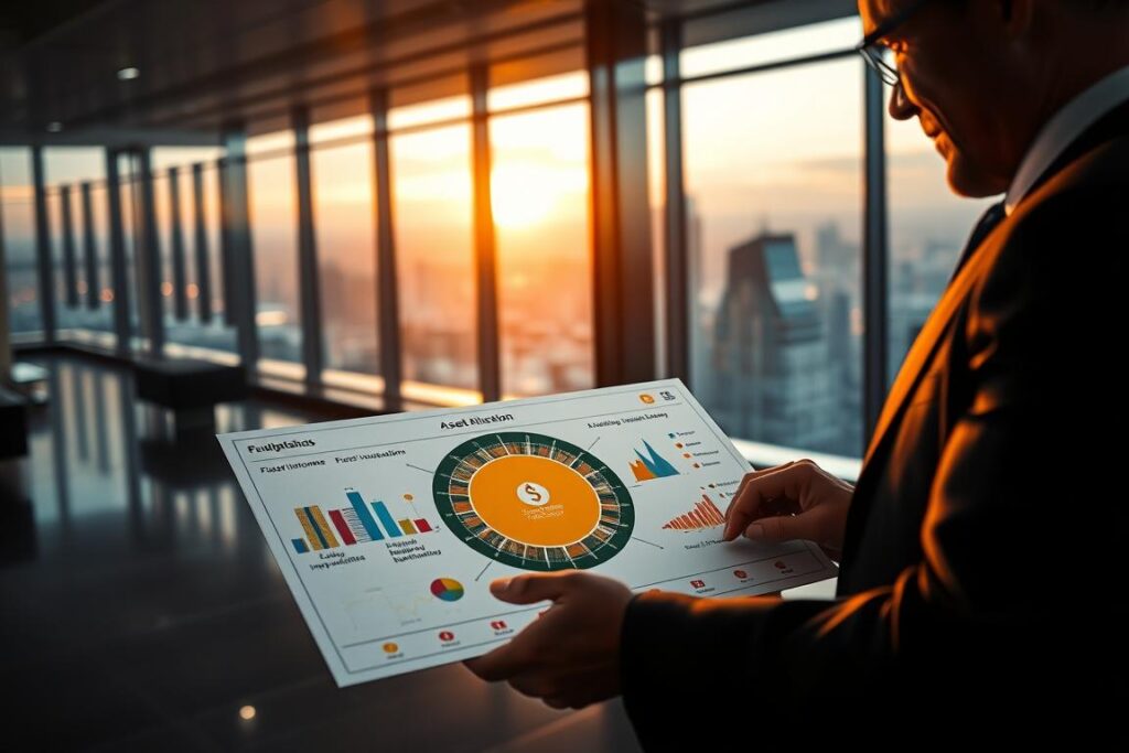 A sophisticated investment portfolio with a balanced allocation strategy. In the foreground, a financial advisor examines a holistic asset distribution chart, showcasing equities, fixed income, real estate, and alternative investments. The middle ground features a futuristic data visualization, projecting market trends and growth scenarios. In the background, a sleek, glass-paneled office overlooking a dynamic cityscape, symbolizing the intersection of finance, technology, and strategic planning. Warm, directional lighting casts a professional, analytical atmosphere, emphasizing the importance of data-driven, diversified portfolio management. A cinematic, wide-angle lens captures the comprehensive, forward-thinking approach to master investment portfolio strategies.