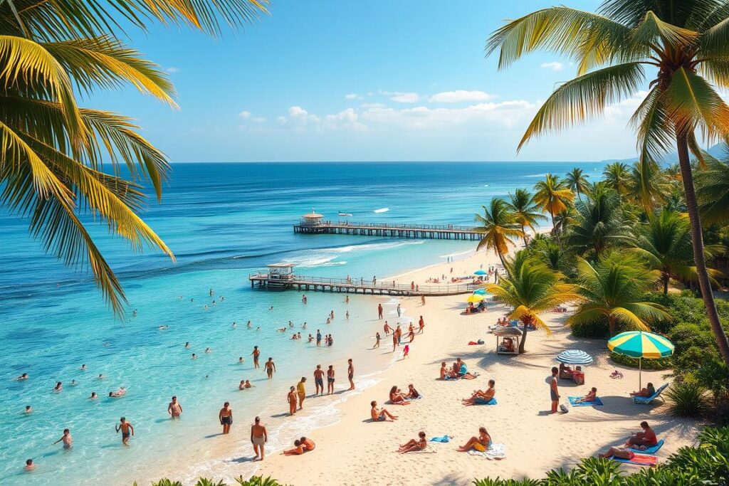 A sprawling seaside resort, sun-drenched beaches, and families frolicking in crystal-clear waters. Lush tropical foliage frames the scene, coconut palms swaying gently in the warm breeze. Colorful umbrellas and beach towels dot the sand, children building sandcastles and parents relaxing under the watchful eye of a lifeguard. In the distance, a classic wooden pier extends into the ocean, offering panoramic views and a sense of timeless, carefree summer bliss. The entire composition is bathed in a soft, golden glow, creating a welcoming, family-friendly atmosphere that invites exploration and recreation for all ages.