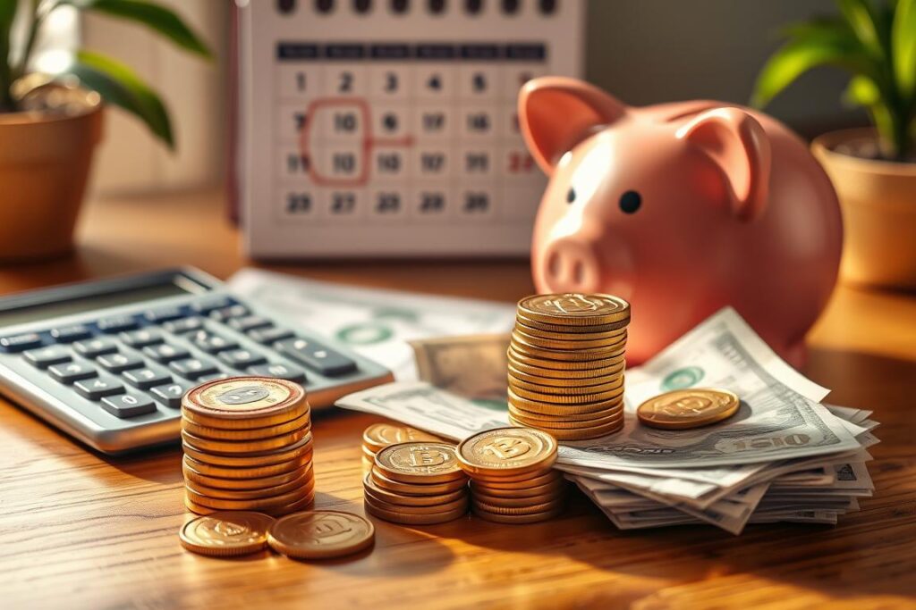 A stack of gold coins, crisp bills, and a piggy bank sit on a wooden table, bathed in warm, soft lighting. In the background, a financial calculator and a calendar with the date circled, hinting at the importance of preparing for unexpected expenses. The scene conveys a sense of financial security and the peace of mind that comes with having an emergency fund readily available. The composition is balanced, with the key elements carefully arranged to create a visually appealing and informative image.