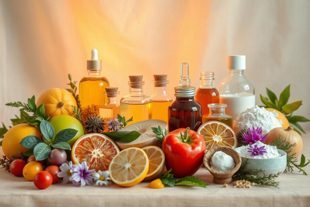 A still life arrangement of various natural ingredients commonly used in skincare products, illuminated by warm, diffused lighting from the side. In the foreground, an assortment of whole and sliced fruits, vegetables, and botanical elements such as leaves, flowers, and herbs. In the middle ground, a selection of glass jars and bottles containing oils, essences, and powders. The background is a simple, clean surface, perhaps a wooden table or a neutral-colored fabric, creating a serene and natural atmosphere. The overall composition highlights the purity, simplicity, and versatility of these natural skincare ingredients.
