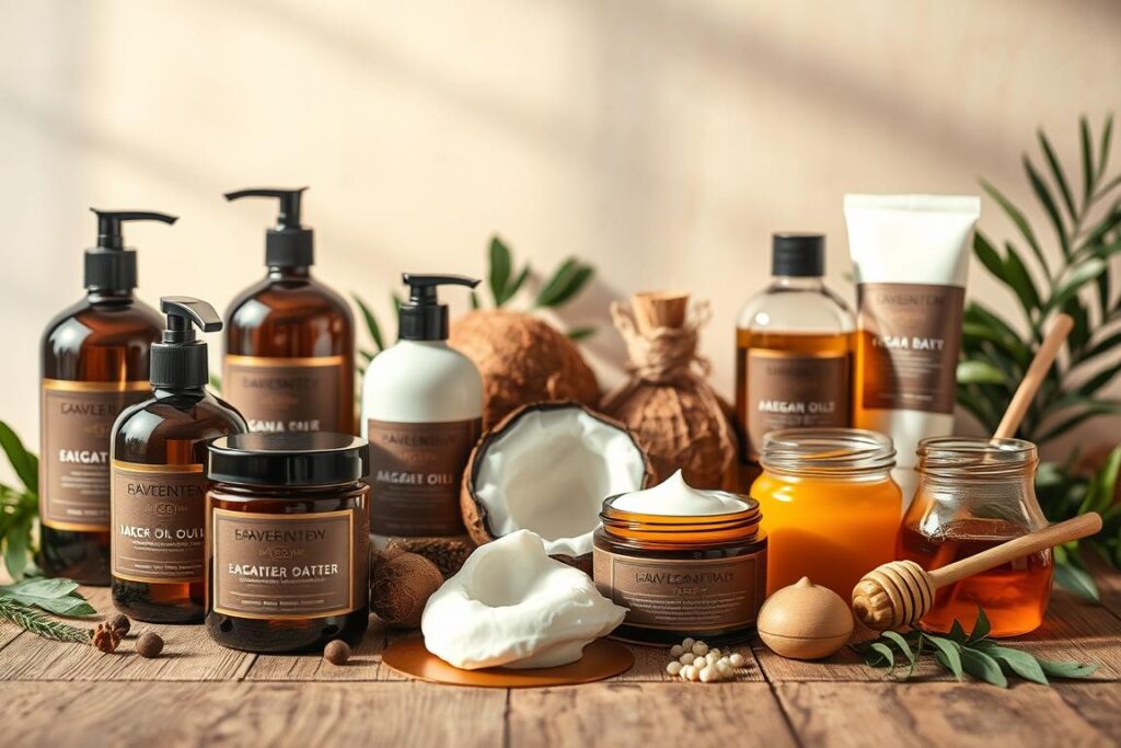 A still life composition depicting an array of haircare ingredients for healthy hair. In the foreground, a collection of luxurious hair conditioning products and hair masques, their bottles and jars artfully arranged on a wooden surface. The middle ground features an assortment of natural ingredients like coconut oil, shea butter, argan oil, and honey, complementing the haircare products. The background is softly lit, casting a warm, soothing glow over the scene, highlighting the rich, vibrant colors of the ingredients. The overall mood is one of elegance, pampering, and a sense of nurturing indulgence for luscious, rejuvenated hair.