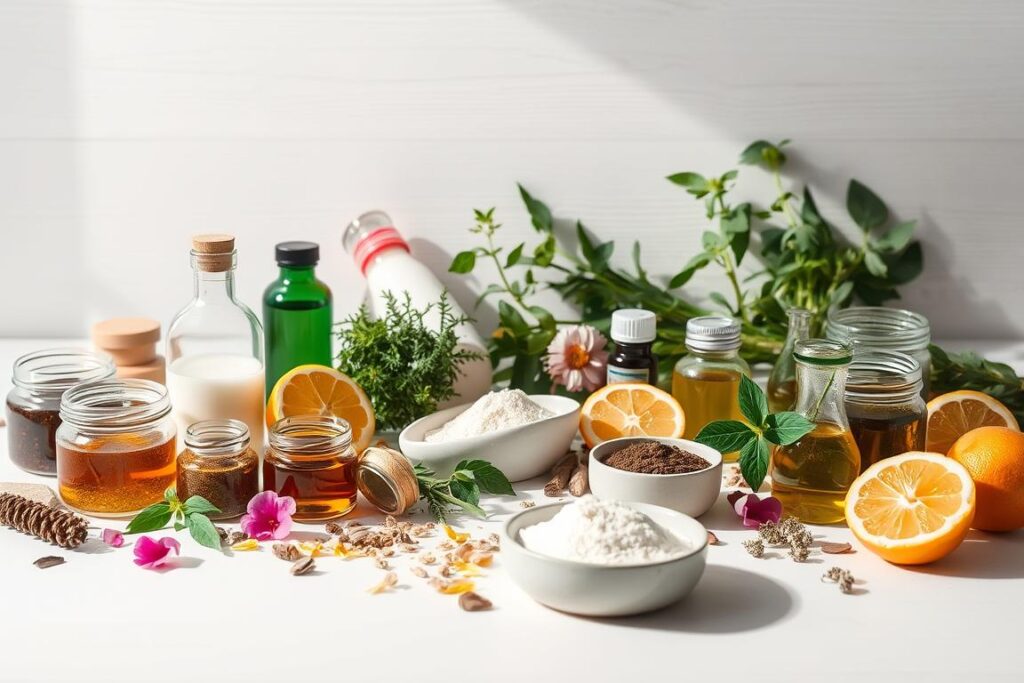 A still life of clean beauty ingredients arranged on a white background, bathed in soft, natural light. In the foreground, an array of botanical extracts, essential oils, and mineral powders in glass jars and ceramic bowls. In the middle ground, fresh herbs, flower petals, and sliced citrus fruits. The background features a simple wooden surface with a minimalist backdrop, creating a sense of purity and simplicity. The overall mood is one of calm, wellness, and transparency, reflecting the ethos of "clean beauty."