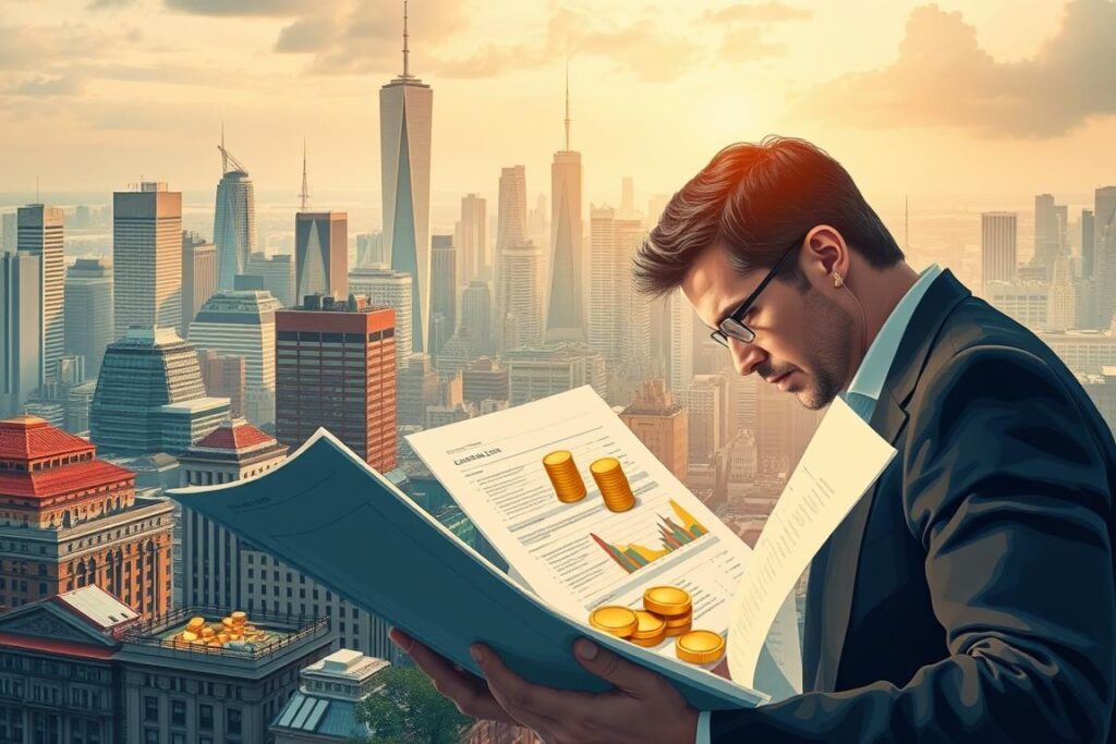 A striking illustration of wise investment strategies, captured through a dynamic visual narrative. In the foreground, a diligent investor pores over financial reports, their face reflecting deep concentration. The middle ground features a diverse array of investment instruments - stocks, bonds, and precious metals - meticulously arranged, suggesting a well-balanced portfolio. In the background, a vibrant cityscape, with skyscrapers and bustling streets, represents the ever-evolving financial landscape. Soft, warm lighting illuminates the scene, conveying a sense of growth, opportunity, and the importance of continuous education in navigating the complex world of investments.