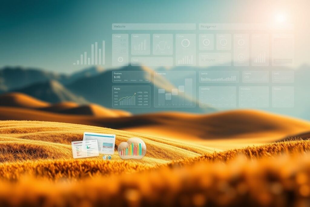 A striking visual landscape that captures the essence of user experience. In the foreground, a clean and intuitive user interface, with vibrant icons and well-crafted interactive elements. The middle ground showcases a dynamic, responsive design, with elegant typography and a seamless flow. In the background, a soft, blurred backdrop of website analytics, heatmaps, and user behavior data, representing the analytical insights that drive optimization. Warm, ambient lighting casts a subtle glow, creating a sense of balance and harmony. The overall composition suggests a cohesive, user-centric approach to website optimization, where design and data converge to unlock a site's full potential.