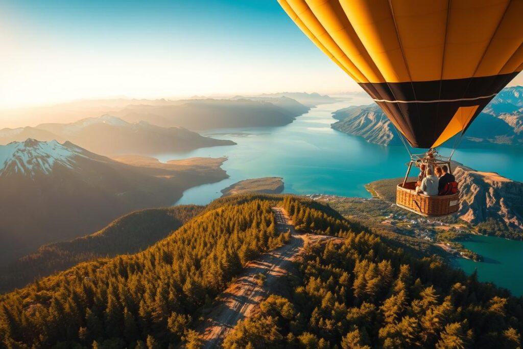 A stunning aerial view of diverse landscapes, from towering snow-capped peaks to serene turquoise lakes, all bathed in warm, golden sunlight. In the foreground, a hot air balloon soars majestically, offering a unique bird's-eye perspective of the breathtaking scenery below. In the middle ground, a group of adventurous travelers embark on a hike through a lush, verdant forest, their spirits lifted by the sense of untamed exploration. In the distant background, a lone kayaker glides across a tranquil fjord, surrounded by rugged, glacier-carved cliffs. The image conveys a powerful sense of wanderlust and the pursuit of extraordinary experiences that transcend the ordinary.