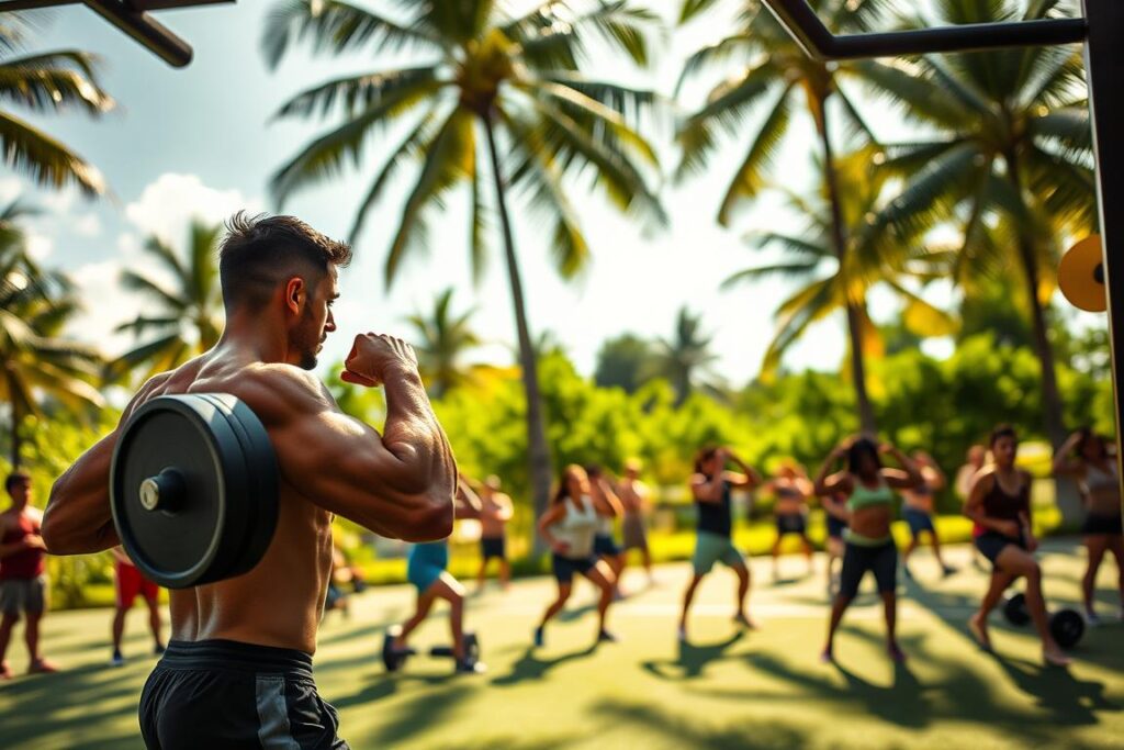 A sun-drenched outdoor gym with a focus on strength training. The foreground features a determined athlete, muscles glistening, performing a deadlift with perfect form. The middle ground showcases a diverse group of individuals engaged in various high-intensity exercises, fueled by the summer energy. The background depicts a lush, verdant setting with towering palm trees swaying in a gentle breeze, creating a sense of tropical vitality. Dramatic lighting casts dynamic shadows, highlighting the athletic prowess and the unwavering determination of the workout enthusiasts. The overall atmosphere exudes a captivating blend of summer, fitness, and an unbreakable spirit to conquer any workout plateau.