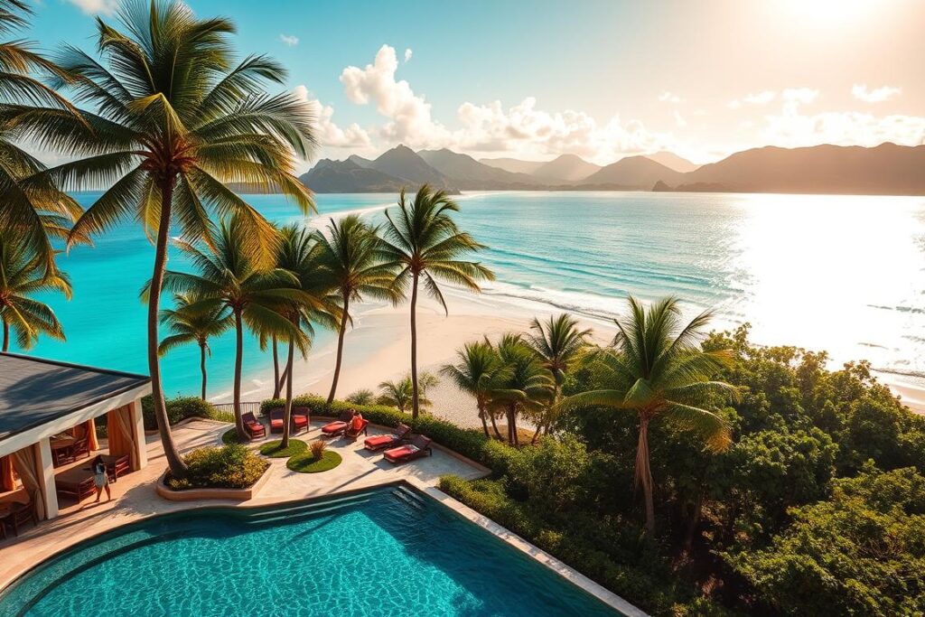 A sun-drenched tropical paradise, an azure ocean meets pristine white sand beaches lined with swaying palm trees. In the foreground, a luxurious beachfront resort with elegant architecture and inviting cabanas. Guests lounge by the infinity pool, sipping refreshing cocktails as they gaze out over the sparkling Caribbean waters. The middle ground reveals lush gardens and verdant foliage, creating a serene, secluded ambiance. In the distance, rolling emerald hills and towering peaks form a majestic backdrop, bathed in warm, golden light. Capture the essence of Caribbean luxury with a cinematic, wide-angle lens that immerses the viewer in this idyllic, dream-like setting.