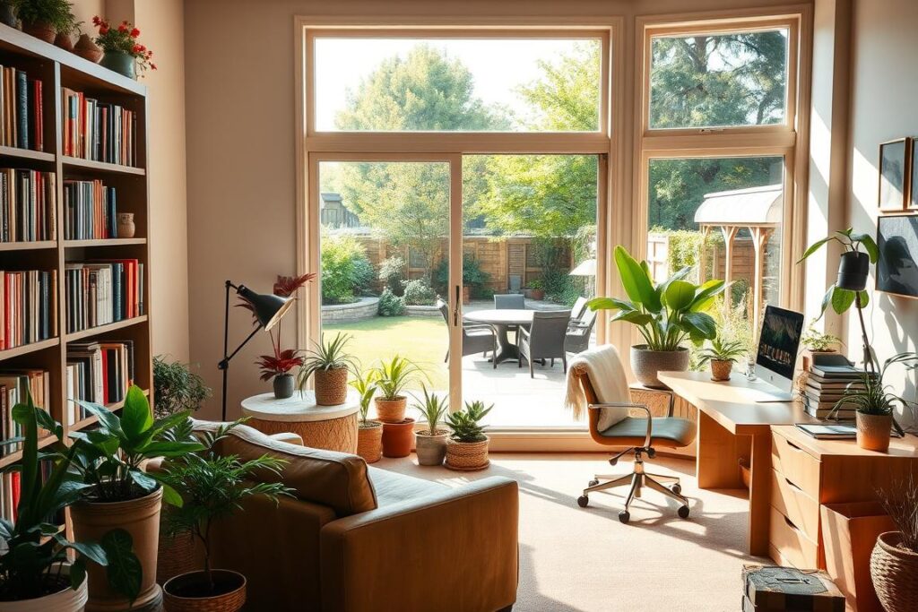 A sunlit home office with large windows overlooking a lush garden. Comfortable, ergonomic furniture in warm, earthy tones. Bookshelves filled with inspiring titles, a cozy armchair, and a sleek, clutter-free desk. Potted plants and natural elements like wood and stone create a calming, nurturing atmosphere. Soft, diffused lighting casts a gentle glow, and the overall scene exudes a sense of tranquility and balance. In the background, a well-tended backyard with a picturesque patio, where family and friends can gather to unwind and connect. This harmonious, supportive environment promotes mental clarity, productivity, and a healthy work-life integration.