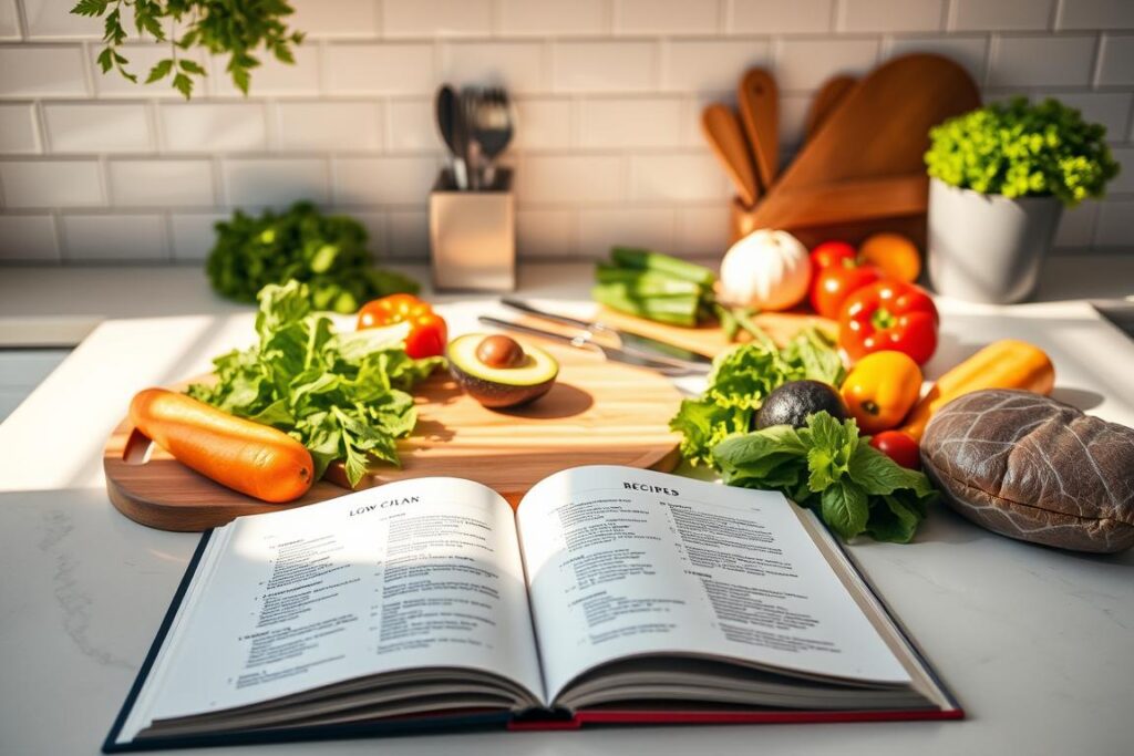 A sunlit kitchen countertop, adorned with a selection of fresh, low-carb ingredients. In the foreground, an open recipe book showcases a meal plan, its pages illuminated by warm, natural lighting. Surrounding the book, an assortment of colorful vegetables, leafy greens, and lean protein sources, all neatly arranged. In the middle ground, a cutting board with a half-sliced avocado and a set of sleek, stainless steel utensils. The background features a minimalist, white-tiled backsplash, reflecting the natural light and creating a sense of clean, uncluttered elegance. The overall atmosphere evokes a feeling of organization, nutritious simplicity, and a dedication to a low-carb lifestyle.