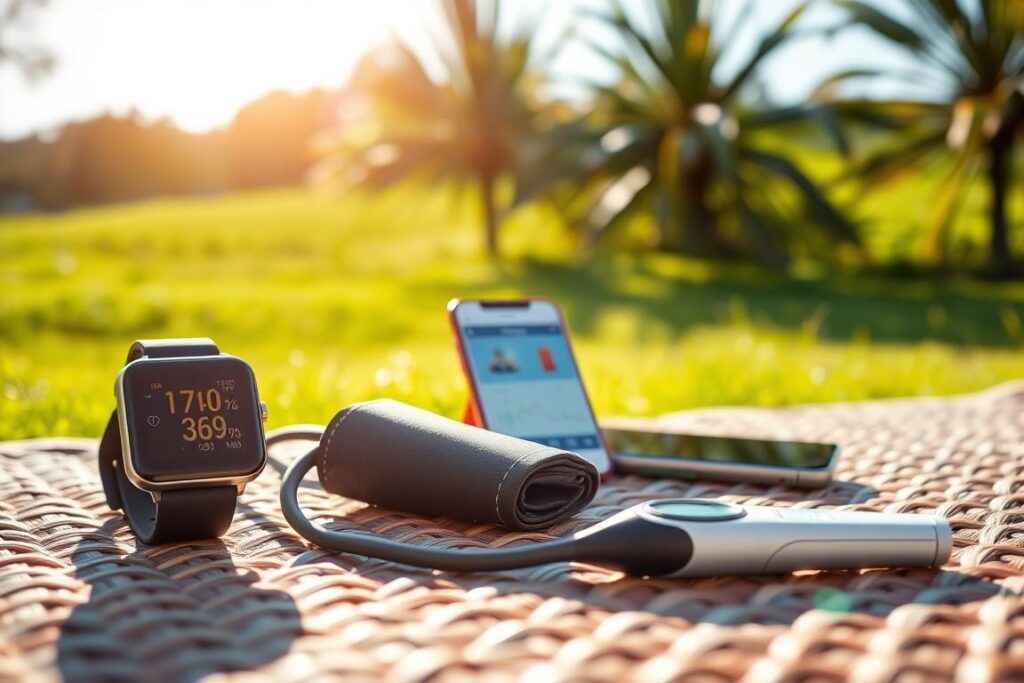 A sunlit outdoor scene depicting an array of summer health monitoring tools. In the foreground, a sleek smartwatch with a glowing display tracks fitness metrics. Beside it, a portable blood pressure cuff and a digital thermometer rest on a woven picnic blanket. In the middle ground, a smartphone displays a health app, its screen reflecting the warm glow of the afternoon sun. In the background, a lush green landscape with swaying trees sets a serene, natural backdrop. Soft shadows and a gentle brightness create a calming, wellness-focused atmosphere.