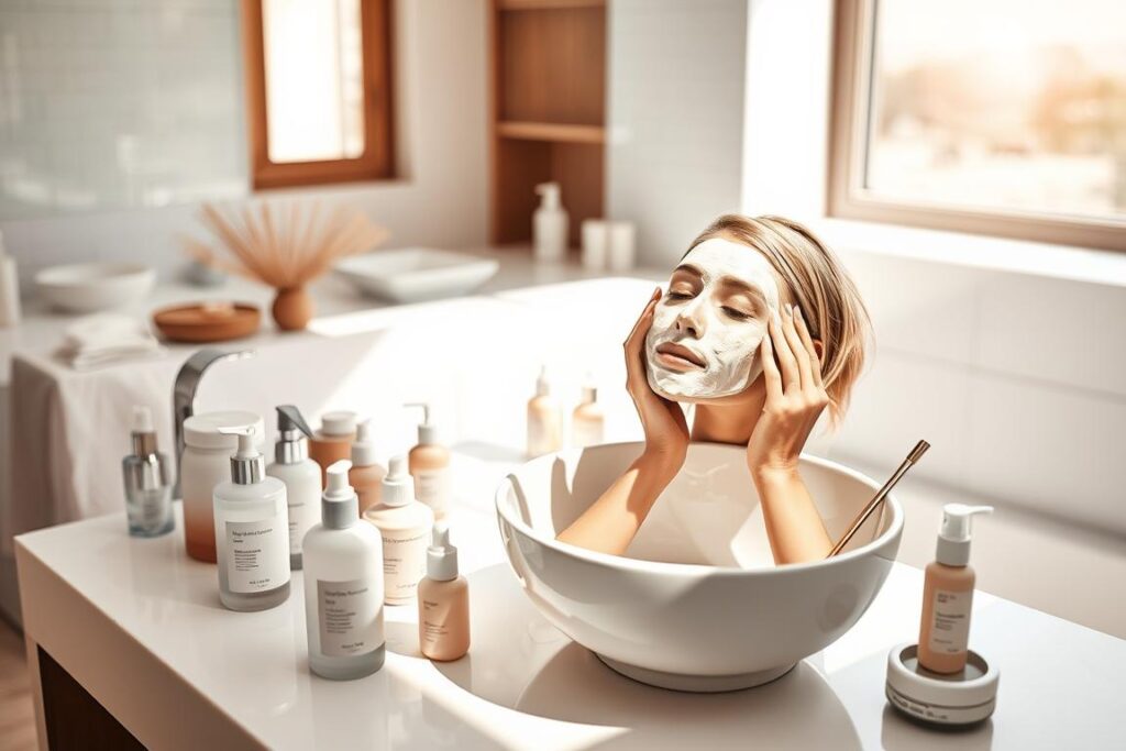 A sunlit vanity table with a modern ceramic basin, filled with an array of skincare products - creams, serums, cleansers, and tools. In the foreground, a woman's hands gently massaging a hydrating face mask onto her glowing, refreshed complexion. Soft, diffused light from a large window illuminates the scene, casting a warm, tranquil ambiance. The background showcases a minimalist, airy bathroom interior with sleek white tiles and natural wood accents. The overall mood is one of calm, self-care, and a revitalizing morning skincare routine.