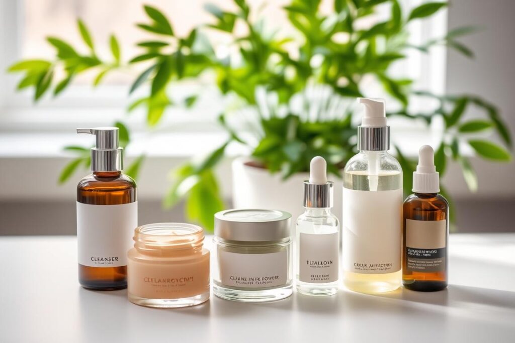 A tastefully styled still life showcasing an array of top-rated skincare products for oily skin. In the foreground, glass jars and bottles of cleansers, toners, and serums in muted tones sit atop a minimalist, light-colored surface. Behind them, a softly blurred background features lush greenery, perhaps a potted plant or two, creating a serene, nature-inspired ambiance. Soft, diffused lighting from the side gently illuminates the products, highlighting their textures and finishes. The overall composition is balanced, elegant, and inviting, perfectly capturing the essence of effective skincare for those with oily complexions. A tastefully styled still life showcasing an array of top-rated skincare products for oily skin. In the foreground, glass jars and bottles of cleansers, toners, and serums in muted tones sit atop a minimalist, light-colored surface. Behind them, a softly blurred background features lush greenery, perhaps a potted plant or two, creating a serene, nature-inspired ambiance. Soft, diffused lighting from the side gently illuminates the products, highlighting their textures and finishes. The overall composition is balanced, elegant, and inviting, perfectly capturing the essence of effective skincare for those with oily complexions.