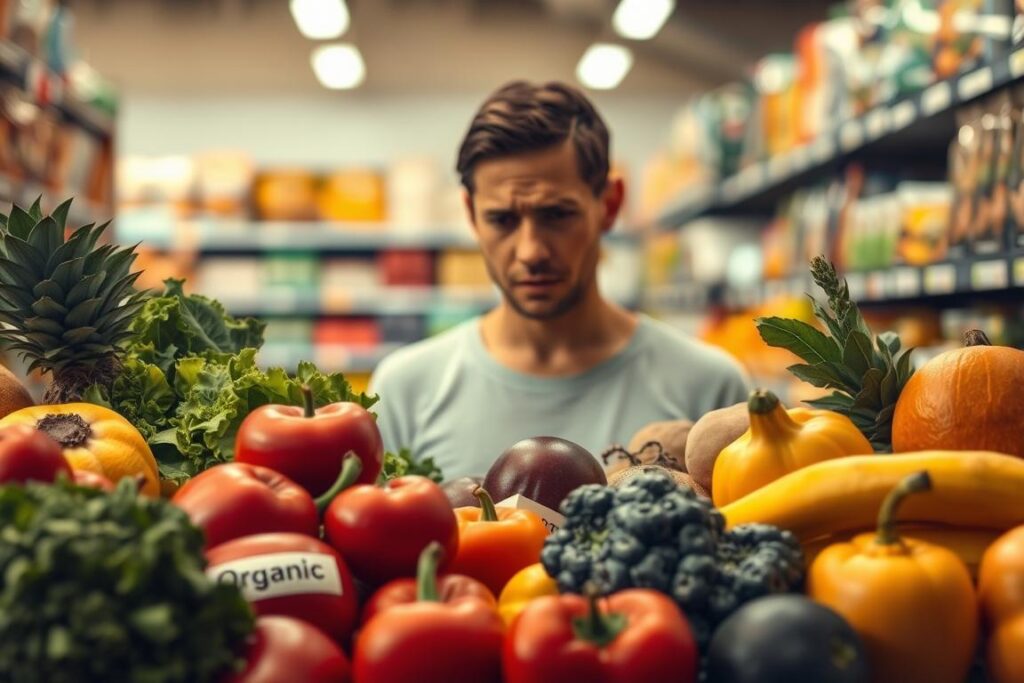 A thought-provoking scene depicting common misconceptions about organic foods. In the foreground, a collection of produce - fresh fruits and vegetables, some labeled as "organic" while others are not. In the middle ground, a perplexed consumer examining the items, brows furrowed in confusion. The background features a blurred supermarket aisle, shelves stocked with a diverse array of food items. Warm, natural lighting filters through the scene, creating a sense of contemplation. The overall atmosphere conveys the complexities and uncertainties surrounding the organic food industry, inviting the viewer to reconsider their preconceptions.