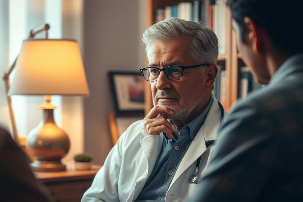 A thoughtful, empathetic psychiatrist sits in a cozy office, surrounded by the warm glow of a table lamp and a bookshelf filled with medical texts. The doctor's expression is one of deep contemplation, as they listen intently to their patient, conveying a sense of professionalism and genuine care. The scene is bathed in a soft, muted color palette, creating an atmosphere of trust and understanding. The background is slightly blurred, drawing the viewer's focus to the psychiatrist's face and the meaningful interaction taking place.