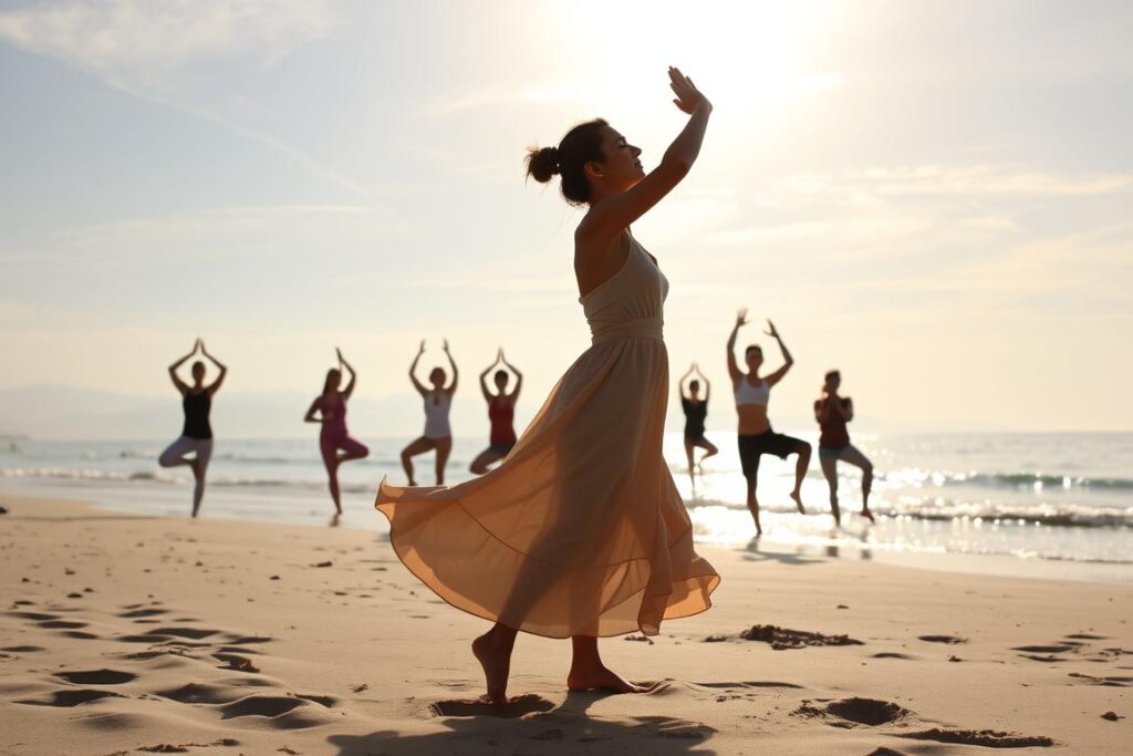 A tranquil beach scene with a group of people practicing yoga in various asanas, their movements graceful and focused. Warm sunlight filters through wispy clouds, casting a golden glow over the sand and lapping waves. In the foreground, a woman in a flowing sundress flows through a serene sun salutation, her eyes closed as she finds her center. Behind her, a small group of yogis move through standing poses, their silhouettes mirrored in the still water. In the distance, the horizon stretches out, hazy mountains and endless sky blending together. The overall atmosphere is one of peace, harmony, and a deep connection with the natural world.