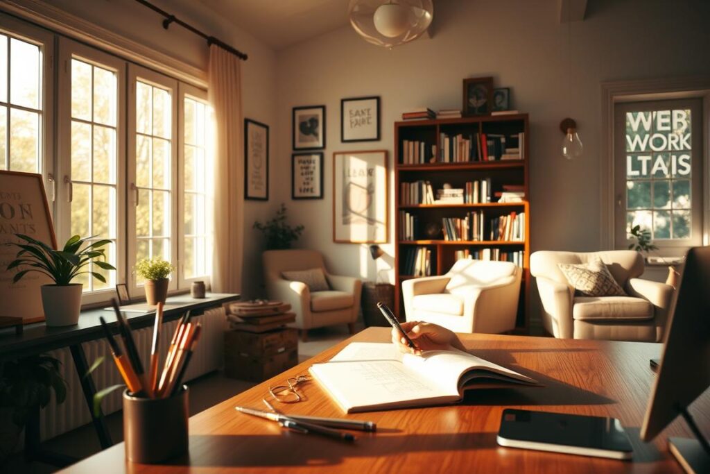 A tranquil home office space, bathed in warm, natural lighting from large windows. In the foreground, a person sits at a wooden desk, immersed in a creative hobby - sketching in a journal with a fountain pen. On the desk, an array of art supplies, including brushes, colored pencils, and a potted plant. The middle ground features framed inspirational artwork and shelves filled with books, subtly hinting at the individual's intellectual pursuits. The background showcases a cozy living area, with a comfortable armchair and a bookshelf, reflecting a harmonious balance between work, creativity, and personal growth.