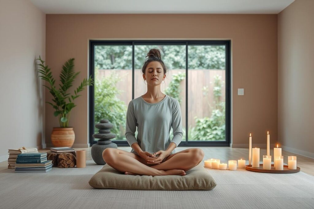 A tranquil meditation space with a soft, diffused lighting illuminating a serene arrangement of natural elements. In the foreground, a person sits cross-legged on a plush cushion, eyes closed in contemplation, hands resting gently on their lap. Surrounding them, a collection of calming objects - a stack of books, a soothing water feature, and an array of candles casting a warm, comforting glow. In the middle ground, a large window overlooking a lush, verdant garden, emphasizing the connection to nature. The background features a minimalist, earthy-toned wall, creating a sense of simplicity and focus. Overall, the scene evokes a calming, introspective atmosphere, reflecting the practice of distress tolerance techniques.