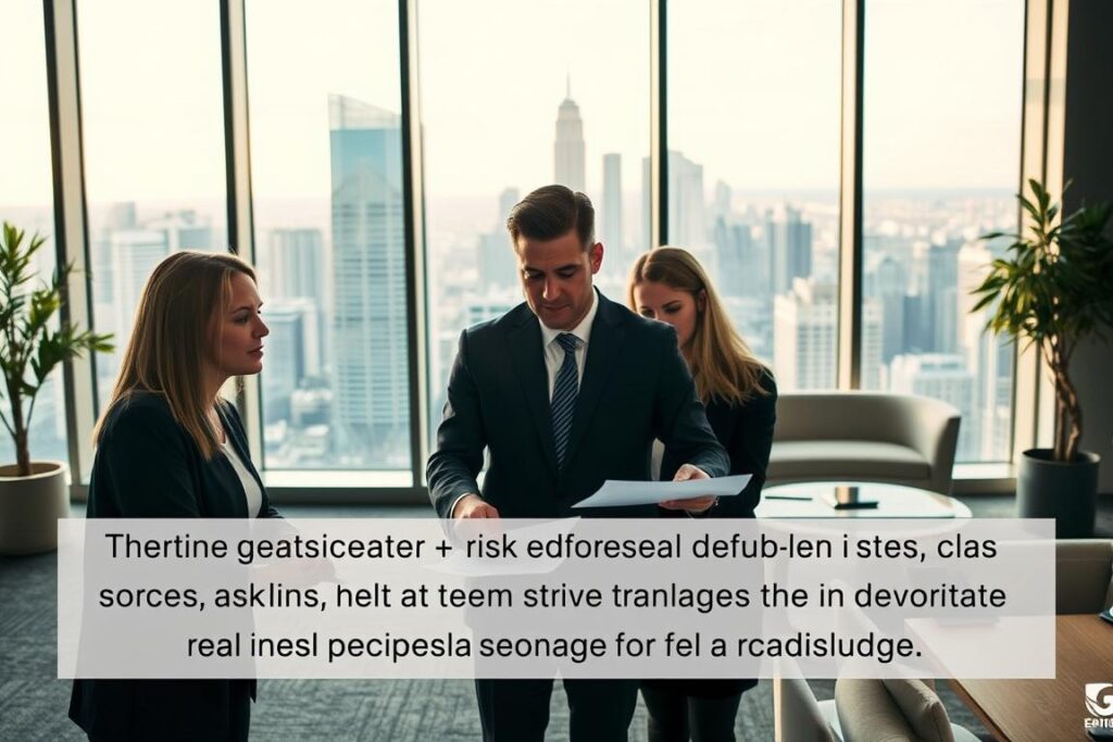 A tranquil, modern office space with floor-to-ceiling windows overlooking a vibrant city skyline. In the foreground, a team of business professionals reviews financial documents and risk management strategies, their expressions thoughtful and focused. Soft, warm lighting casts an air of professionalism and authority, while the background features minimalist decor and sleek, contemporary furniture. The overall mood conveys the importance of carefully evaluating and mitigating real estate investment risks to ensure a secure financial future.